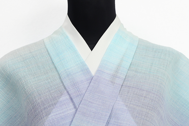 本麻 夏着物 近江ちぢみ 楊柳 横段ぼかし 薄青緑×水色