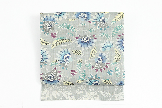 京都 栗山工房 本麻 九寸名古屋帯 夏帯 和染紅型 横段菊 灰色×青