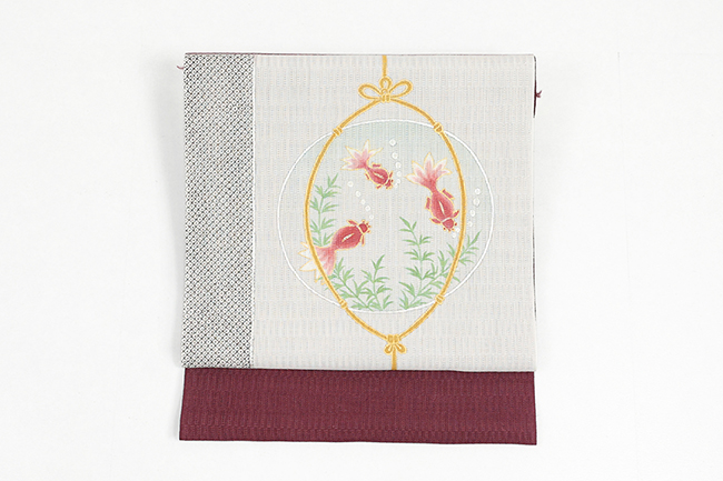 本麻 九寸名古屋帯 夏帯 金魚 えんじ×白