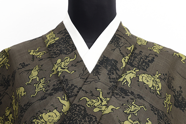 井登美 itomi 浴衣(ゆかた) 優華壇 綿 鳥獣戯画絵巻 深緑×黄緑 ◆男女兼用◆