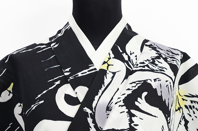 Rumi Rock(ルミロック) 浴衣(ゆかた) 綿麻 スワン 黒×白