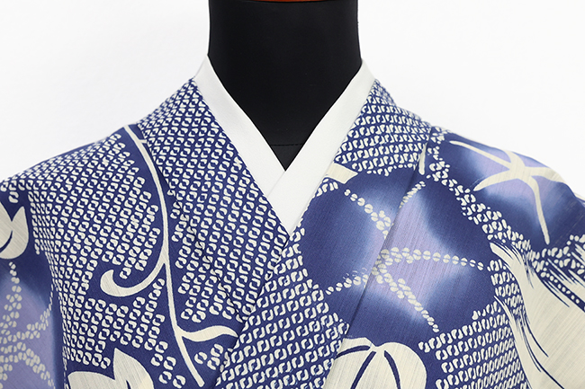 源氏物語 浴衣(ゆかた) 綿麻 注染 朝顔 ベージュ×青 ◆女性にオススメ◆