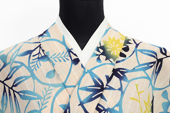 竺仙(ちくせん) 浴衣（ゆかた） 綿 丸に秋草 ベージュ×青×黄