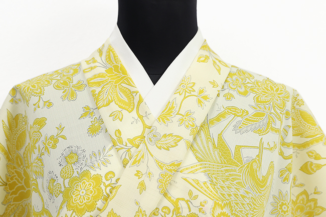 ソレイアード ポリエステル着物 浴衣 セオα エロン（鷺） アイボリー×黄色