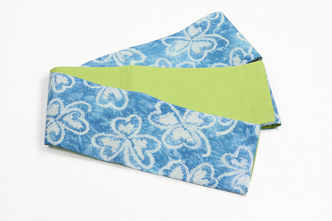 綿麻 半幅帯 絞り染め クローバー 青×黄緑