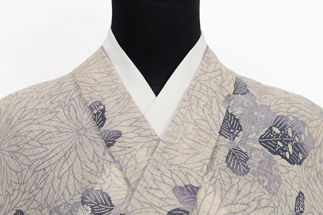 麻着物 江戸長板 本麻 夏着物 衣草紙 菊 生成り×紫