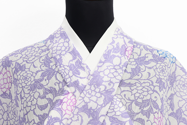 本麻 夏着物 近江ちぢみ 楊柳 IKS COLLCTION 牡丹 白×薄紫