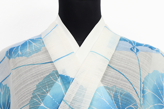 IKS COLLCTION 浴衣(ゆかた) 綿麻 ボタニカル 白×水色