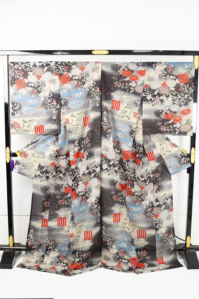 誉田屋源兵衛 浴衣(ゆかた) 綿麻 絽 源氏香御所解 墨×朱 ◆男女兼用◆