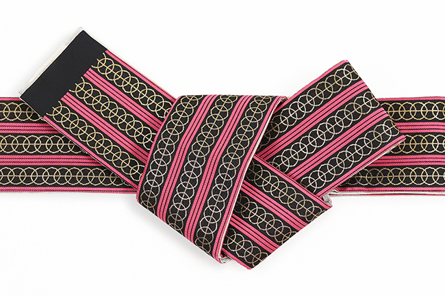 西陣織 蔦屋久兵衛 両面角帯 絹 ラメ糸 リング モンステラ ピンク×白