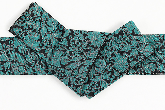 西陣織 蔦屋久兵衛 両面角帯 絹麻  唐草 よろけ小紋 青緑×黒