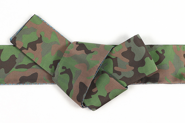 西陣織 蔦屋久兵衛 両面角帯 絹ラメ糸 迷彩 ゼブラ 緑×水色