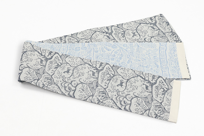 西陣織 蔦屋久兵衛 絹麻両面半幅帯 森の動物 鳥更紗 灰色×水色