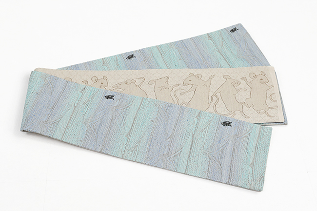 西陣織 蔦屋久兵衛 絹麻両面半幅帯 忍者 鼠のダンス  水色×ベージュ