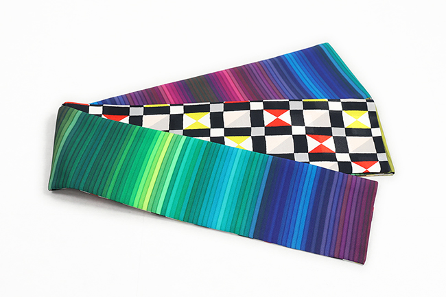 京都 青野工房 半幅帯 正絹 ハイブリッド染め 色窓 格子柄 1184