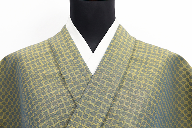 米沢木綿 綿麻着物  紋KIPPE(きっぺ) めんこあさ 広幅 タイル 黄緑 ◆男女兼用◆