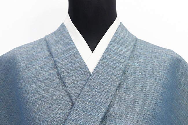 米沢木綿 綿麻着物  紋KIPPE(きっぺ) めんこあさ 広幅 細ジグザグ 青灰 ◆男女兼用◆