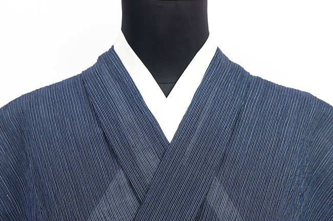 本麻 夏着物 小千谷ちぢみ 楊柳 広幅 縞 紺