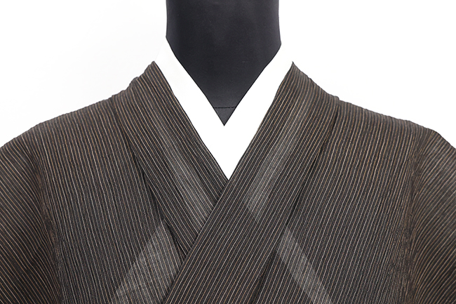 本麻 夏着物 小千谷ちぢみ 楊柳 広幅 縞 焦茶