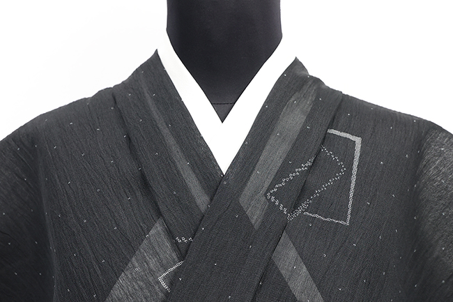 本麻 夏着物 小千谷ちぢみ 楊柳 広幅 マンガン絣 四角 墨黒