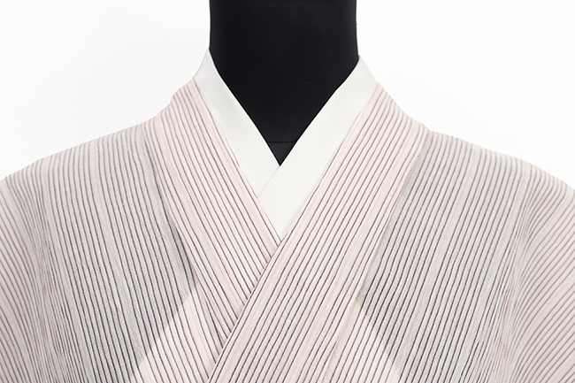 本麻 夏着物 小千谷ちぢみ 楊柳 広幅 縞 薄ピンク