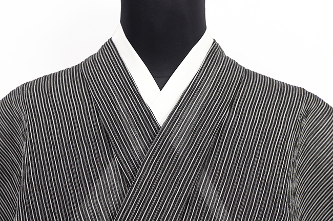 本麻 夏着物 小千谷ちぢみ 楊柳 広幅 縞 黒×灰色