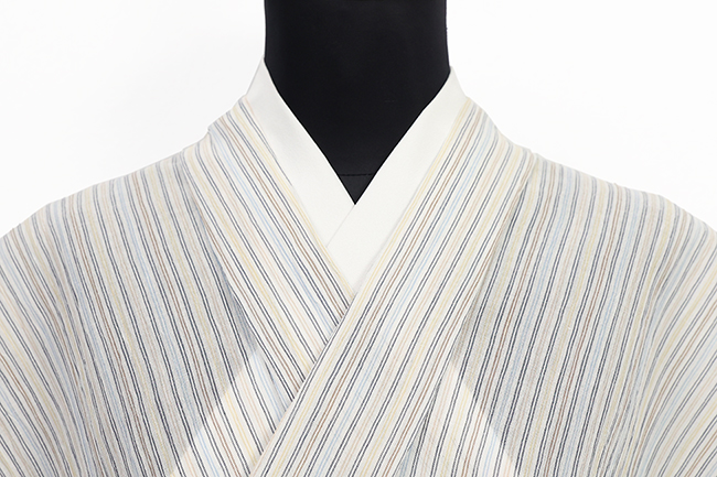 本麻 夏着物 小千谷ちぢみ 楊柳 広幅 縞 白×ベージュ×灰色