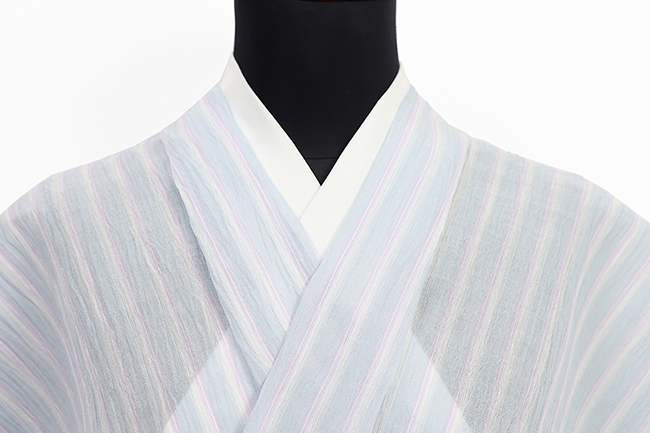 本麻 夏着物 小千谷ちぢみ 楊柳 広幅 縞 水色×紫