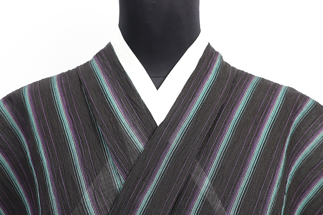 本麻 夏着物 小千谷ちぢみ 楊柳 広幅 縞 黒×緑×紫