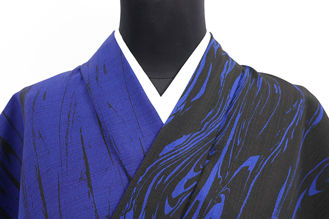 コシノジュンコ ポリエステル着物 浴衣 セオα 片身変わり オーダー仕立て付き 縦墨流し 青×黒