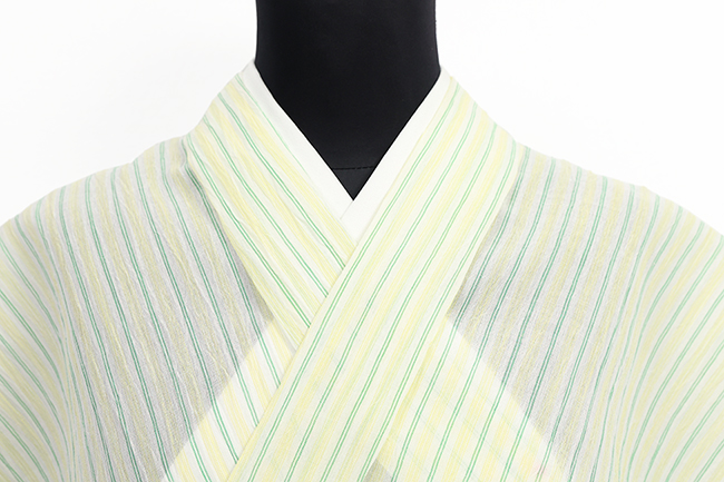 本麻 夏着物 小千谷ちぢみ 楊柳 広幅 縞 薄黄×緑