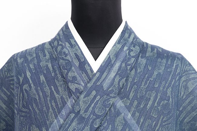 本麻 夏着物 丹後 ろうけつ染め 蔦 広幅 青