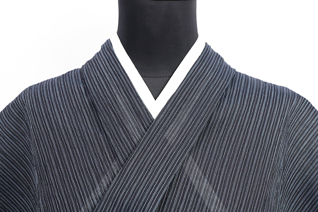 本麻 夏着物 小千谷ちぢみ 楊柳 広幅 縞 紺