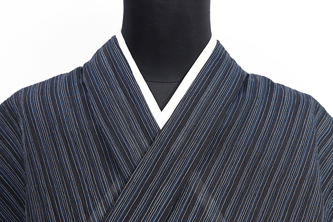 本麻 夏着物 小千谷ちぢみ 楊柳 広幅 縞 紺×白×青