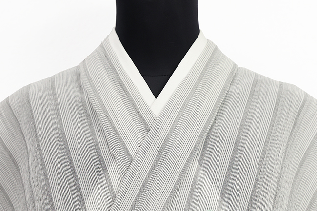 本麻 夏着物 小千谷ちぢみ 楊柳 広幅 縞 白×灰色