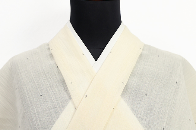 本麻 夏着物 小千谷ちぢみ 楊柳 広幅 縞 生成り 絣