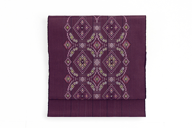 伝統的工芸品 沖縄 首里織 絹 九寸名古屋帯 琉球文様 濃紫