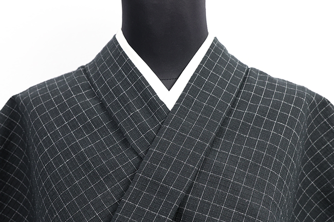 片貝木綿 綿麻着物 紺仁工房 紅梅織 普段着きもの 格子 黒