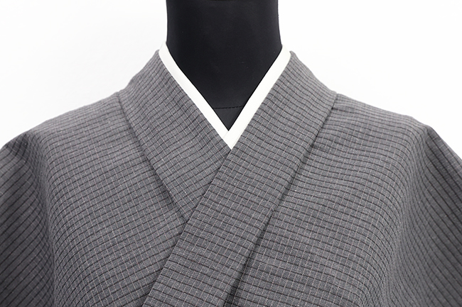 片貝木綿 綿麻着物 紺仁工房 紅梅織 普段着きもの 格子 灰色