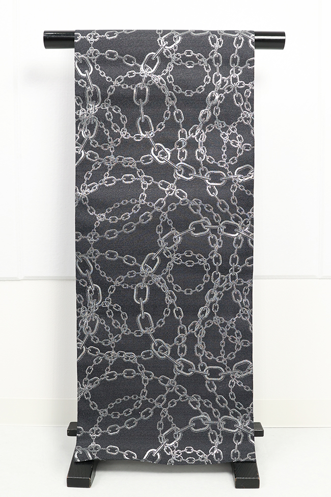 蔦屋久兵衛 ひとえ八寸帯（兵児帯） 鎖 濃灰色×銀