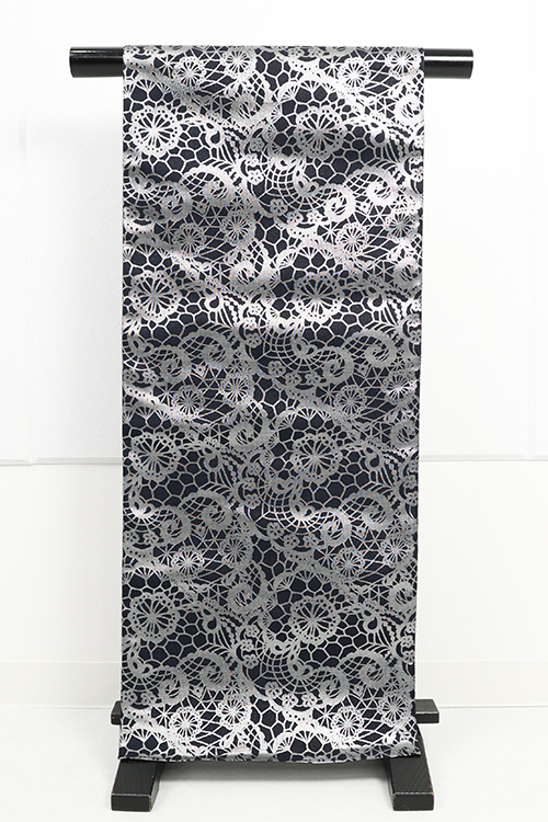 蔦屋久兵衛 ひとえ八寸帯（兵児帯） レース 黒×銀