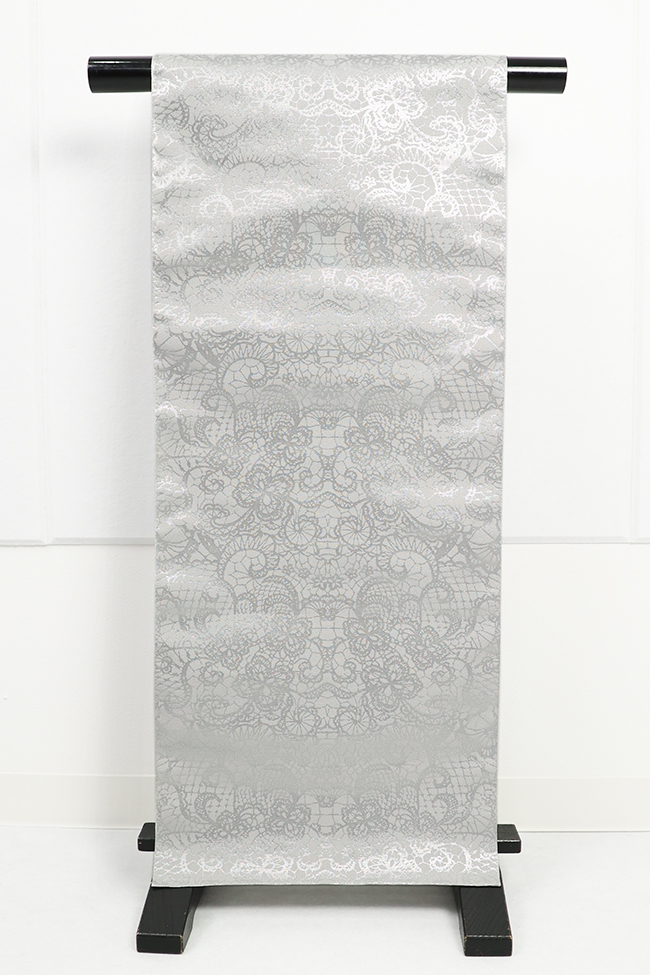 蔦屋久兵衛 ひとえ八寸帯（兵児帯） レース 灰色×銀