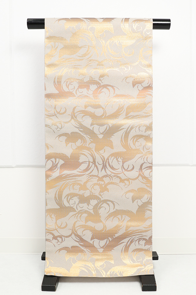 蔦屋久兵衛 ひとえ八寸帯（兵児帯） 鳥 ベージュ×金