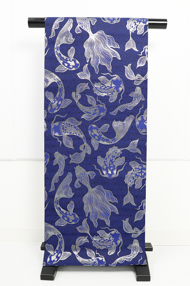 蔦屋久兵衛 ひとえ八寸帯（兵児帯） 金魚 青×銀