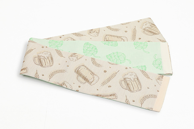 西陣織 蔦屋久兵衛 絹麻両面半幅帯 ビール ホップ ベージュ×緑