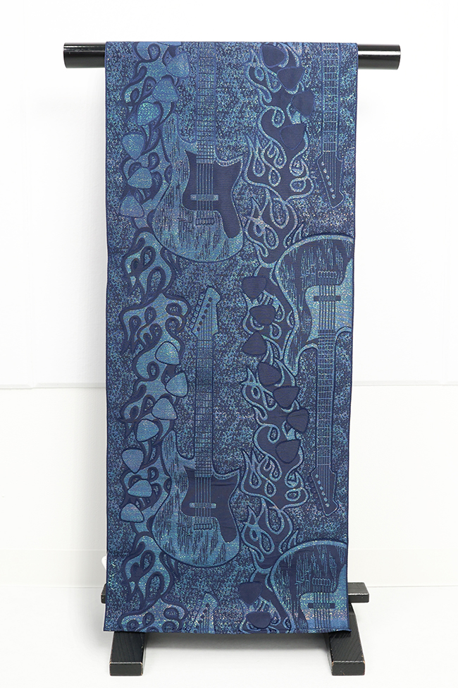 アウトレット 博多織 黒木織物 ひとえ八寸帯（兵児帯） ラメ エレキギター 青