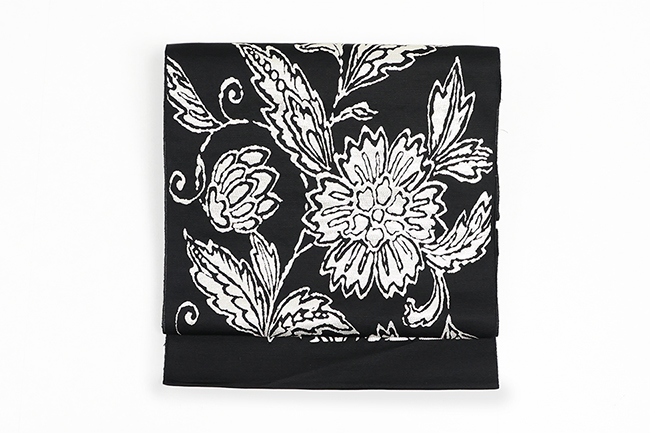 蔦屋久兵衛 絹麻 九寸名古屋帯 ラメ 更紗 黒×白銀