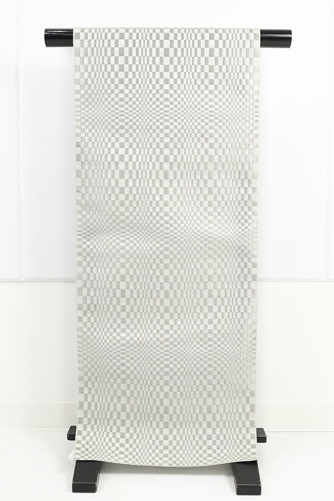 丹後 ワタマサ ひとえ八寸帯（兵児帯） 市松ぼかし七宝 白×プラチナ