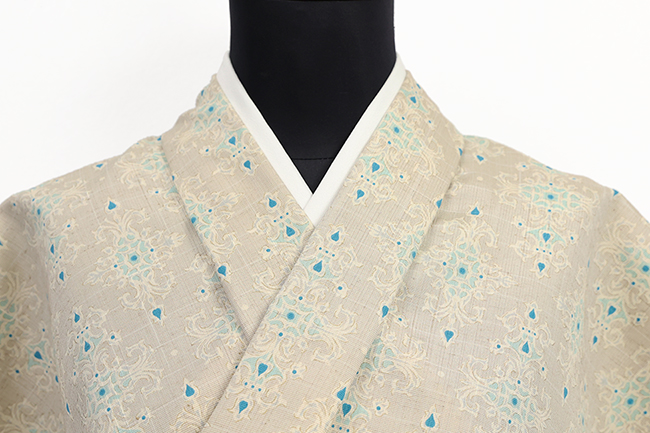 召しませ花 正絹 着物 紬 クリキュラ アラベスク ベージュ