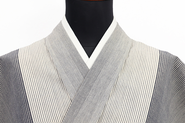 伊勢木綿 木綿着物 綿麻 縞 灰色×白 ◆背の高い人にオススメ◆